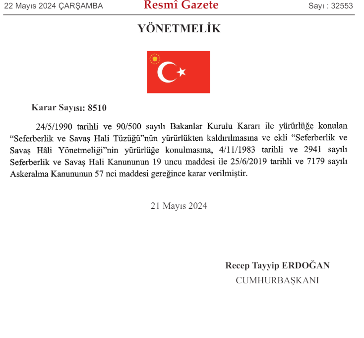 resmi gazete kararlari 22 mayis 2024 seferberlik ve savas h li yonetmeligi yayinlandi bugunku PMEf3sVg