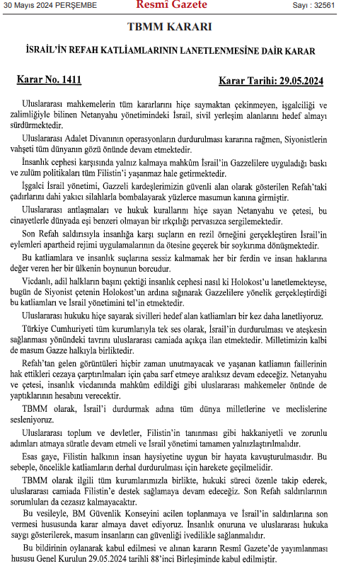 resmi gazetede bugun 30 mayis 2024 israilin refah katliamlarinin lanetlenmesine dair karar yayinlandi